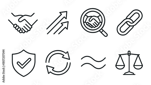 Monochrome business icons: handshake, growth, magnifying glass, link, shield, cycle, flow, scales