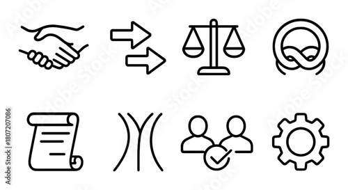 Business and legal icons on dark background: handshake, scales, agreement, strategy, settings
