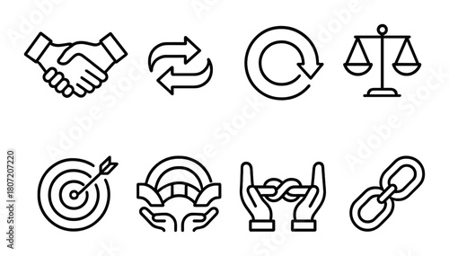 Business and legal concepts: icons of handshake, equality, and communication