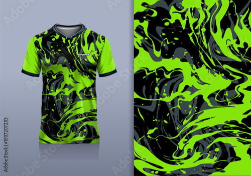 T-shirt mockup abstract texture grunge water sport jersey design for football, soccer, racing, esports, running, black green color