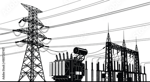 High voltage power transmission tower, transformer station silhouette, electrical grid infrastructure illustration, industrial energy supply vector, black and white engineering sketch