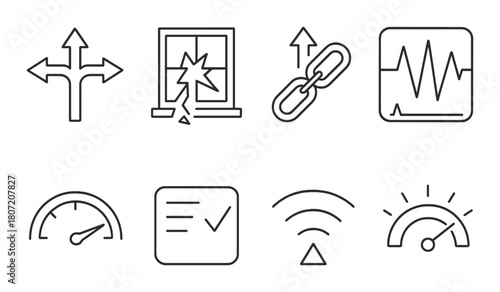 Set of eight minimalist black line icons on gray background