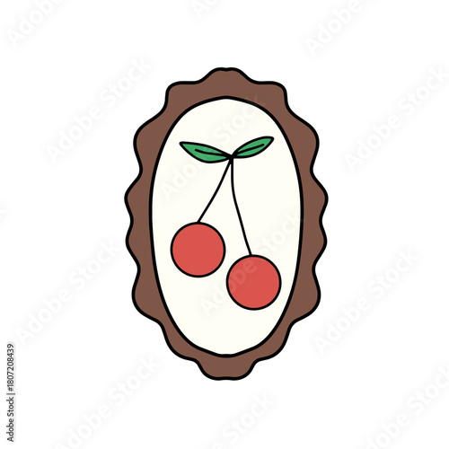 Sweet red cherries hand-drawn illustration, enclosed in a decorative wavy brown frame, evoking a charming vintage label or fruit badge design