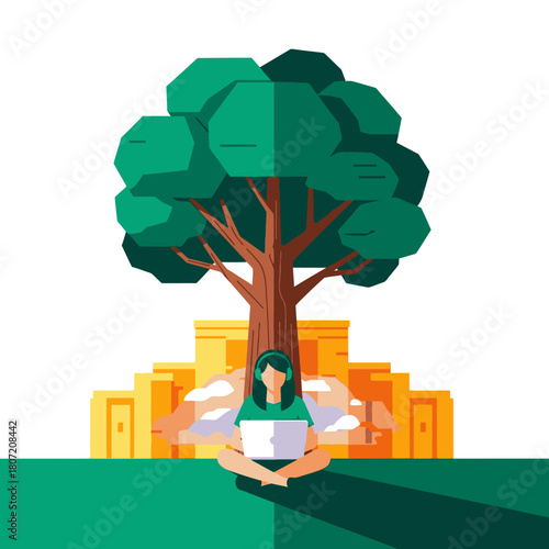 A girl sits cross-legged under a tree with a laptop, headphones, and buildings in the background, symbolizing outdoor work and a peaceful environment.