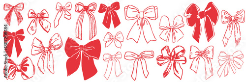 Hand drawn festive ribbon bows collection for Christmas gifts celebration and seasonal decoration
