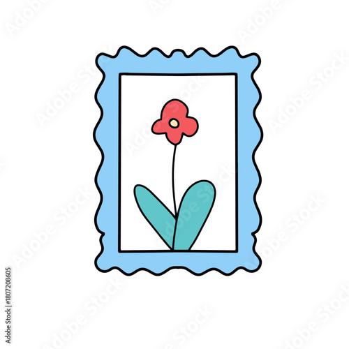A simple, charming illustration of a single red flower with green leaves enclosed within a wavy blue frame, presented on a white background