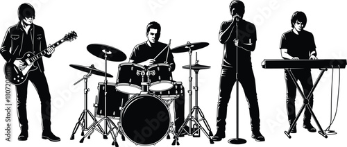 Rock music band silhouette performing live concert, guitarist drummer singer and keyboard player, black and white vector illustration, isolated