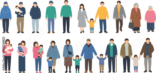 Large set of flat vector people characters, diverse family members, men women children and elderly, standing together, isolated illustration set