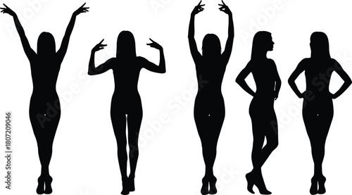 Set of female silhouettes posing in different ways, woman dancing and standing, black vector illustration isolated on white background