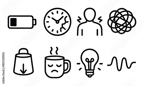 Minimalist symbols of exhaustion: low battery, time stress, headache, chaos, weight, fatigue, ideas, energy