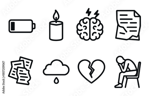 Monochrome icons: battery, candle, brain, documents, cloud, heart, seated figure