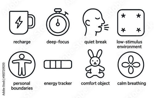 Illustration of self-care techniques including recharge and quiet break icons