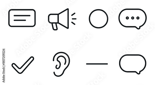 Minimalist monochrome communication icons with speech bubbles and megaphone