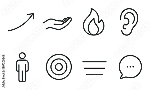 Minimalistic icon set with growth, gesture, flame, hearing, human, target, list, chat symbols