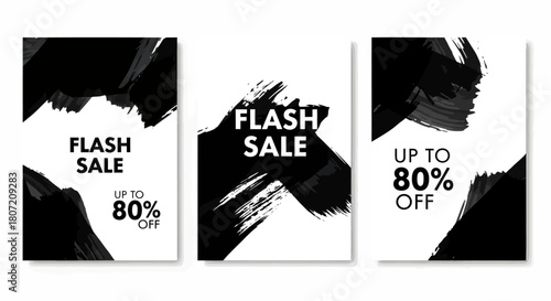 Three minimalist posters advertising a flash sale with up to 80% off, featuring bold black brush strokes on a white background.