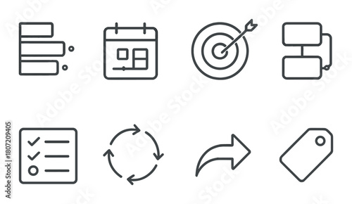 Set of gray business icons on black background: calendar, target, workflow, list