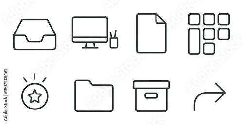 Minimalist office icon set on metallic background for productivity apps