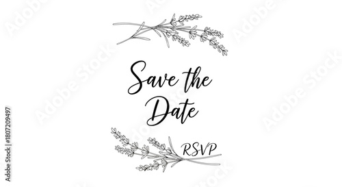 Elegant Save the Date and RSVP card design featuring delicate lavender sprigs.