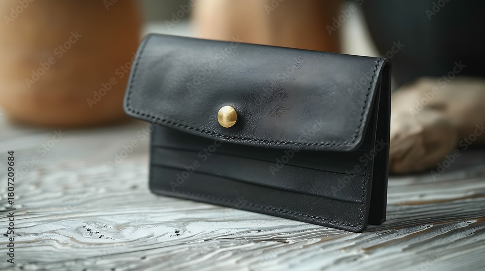 custom made wallpaper toronto digitalElegant black leather card holder with a timeless brass button closure on a textured white wood surface