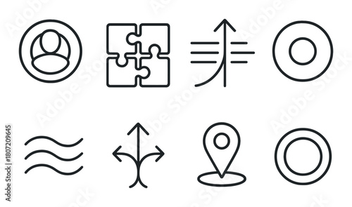 Abstract icon set on black background featuring arrows and geometric shapes