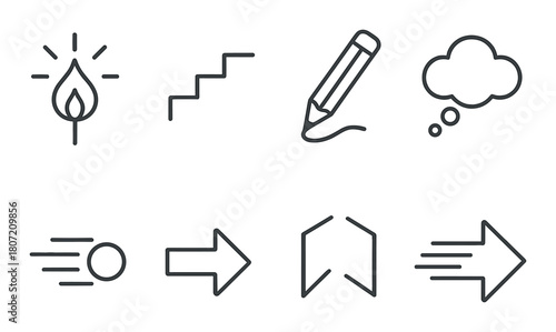 Minimalist icon set featuring lightbulb, stairs, pencil, thought bubble, and arrows