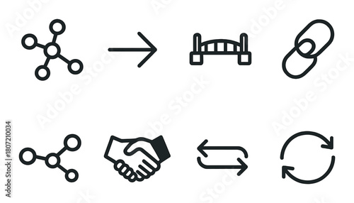 Vector set of connection icons including network, bridge, link, and arrows