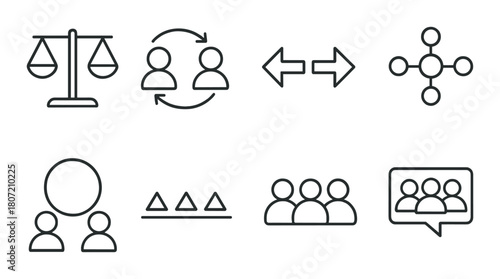 Abstract icons of communication, balance, and teamwork on metallic background