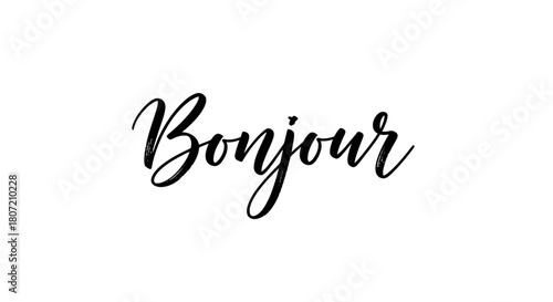 Elegant cursive script spelling out the French greeting 'Bonjour' on a clean white background.