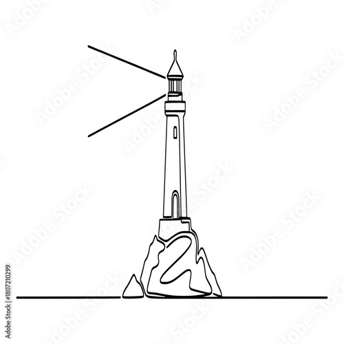 Elegant single line art drawing of a classic lighthouse on a rugged coastal rock, its powerful beacon providing essential guidance for maritime safety and navigation