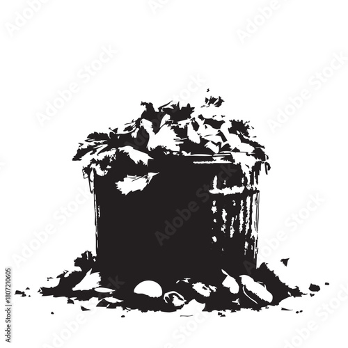 Overflowing Trash Can Silhouette Vector — Black and White Stencil Illustration of Garbage and Debris for Environmental Themes
