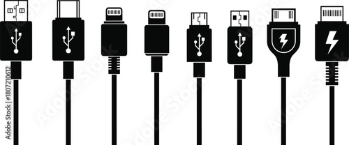 Set of USB cable connectors silhouette, various charging cord icons collection, mobile phone data wire types, electronic device interface vector