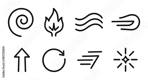 Minimalist icon set featuring fire wind water elements and directional arrows
