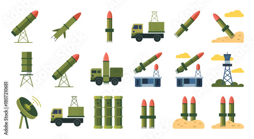 Military rockets and missile systems, designed in simple style for defense presentations, army illustrations, infographic elements, and strategic planning visuals.