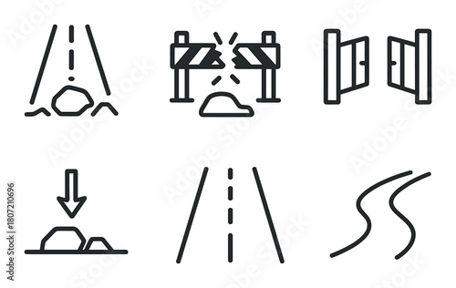 Set of road hazard icons including falling rocks curved roads and barriers