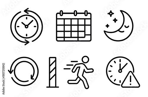 Time management icons: clock, calendar, moon, barrier, person, alert symbol