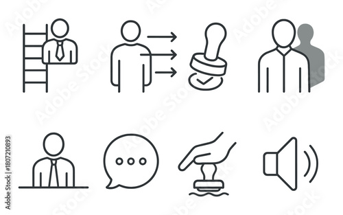 Monochrome business icons: leadership, communication, approval, and networking