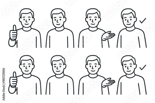 Expressions and gestures of a young caucasian male in simple line art