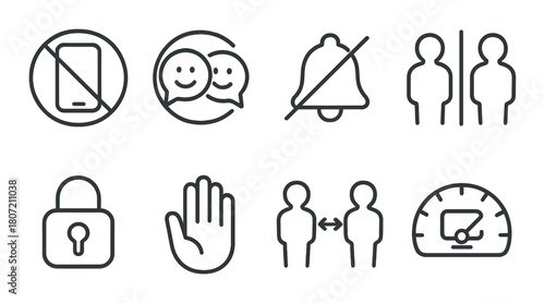 Minimalist icon set depicting communication, privacy, and social interactions