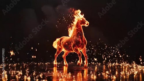Fiery Horse Sculpture Dancing With Sparks At Night.