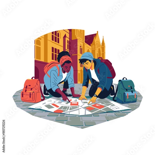 Two diverse young travelers with backpacks study a city map on a cobblestone street, planning their urban adventure.