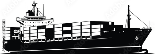 Side view silhouette of large cargo container ship, black and white vector illustration for maritime logistics, transportation, and global trade.