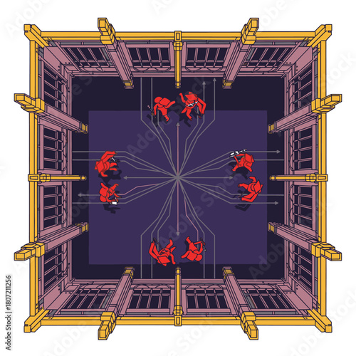 Abstract overhead view of eight red figures arranged in a circle within a stylized architectural structure.