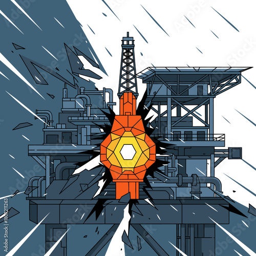 An illustration depicts an offshore oil rig explosion, symbolizing environmental concerns, energy industry risks, and potential disasters in the ocean.