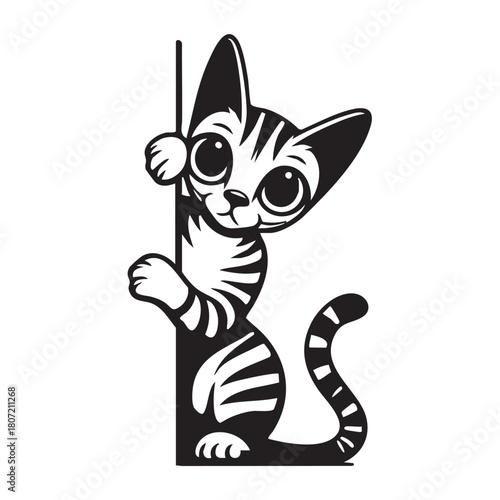 Peeking Cartoon Cat Vector — Black and White Silhouette with Stripes, Raised Paw, and Playful Expression