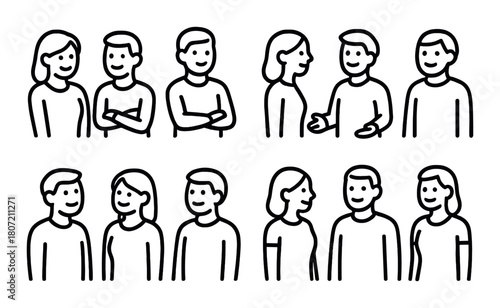 Cartoon outline of mixed-gender conversations in various poses