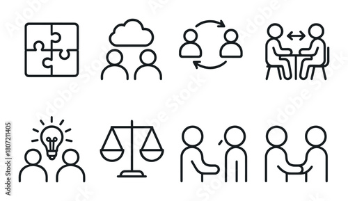 Teamwork and communication icons: collaboration, brainstorming, networking, consensus, problem solving