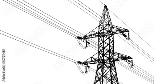 Silhouette of high voltage power lines and transmission tower, electricity pylon vector illustration isolated on white background, industrial energy grid infrastructure.