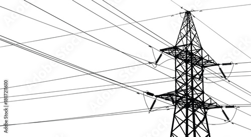 Silhouette of high voltage electric transmission tower with power lines and cables against white background, industrial electricity distribution grid infrastructure.