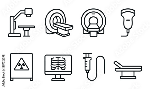 Medical imaging equipment icons set featuring ct mri ultrasound