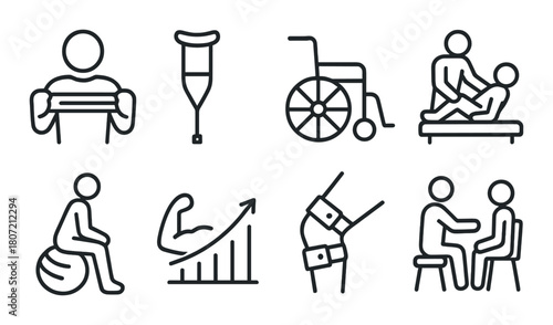 Physical therapy symbols: rehabilitation, mobility aids, exercises, recovery